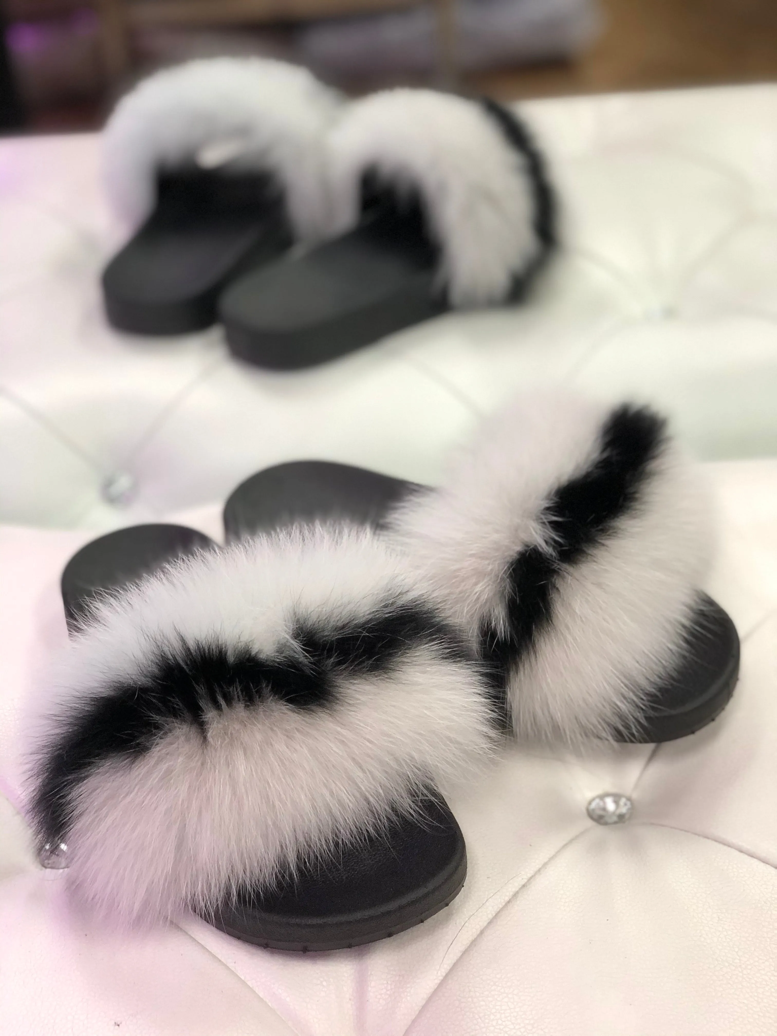 Gray and Black Real Polar Fox Fur Slippers