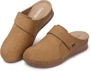 TEMOFON Mules for Women Slip on Sandals: Comfortable Clogs with Arch Support Leather Flats Closed Toe Sandals Shoes