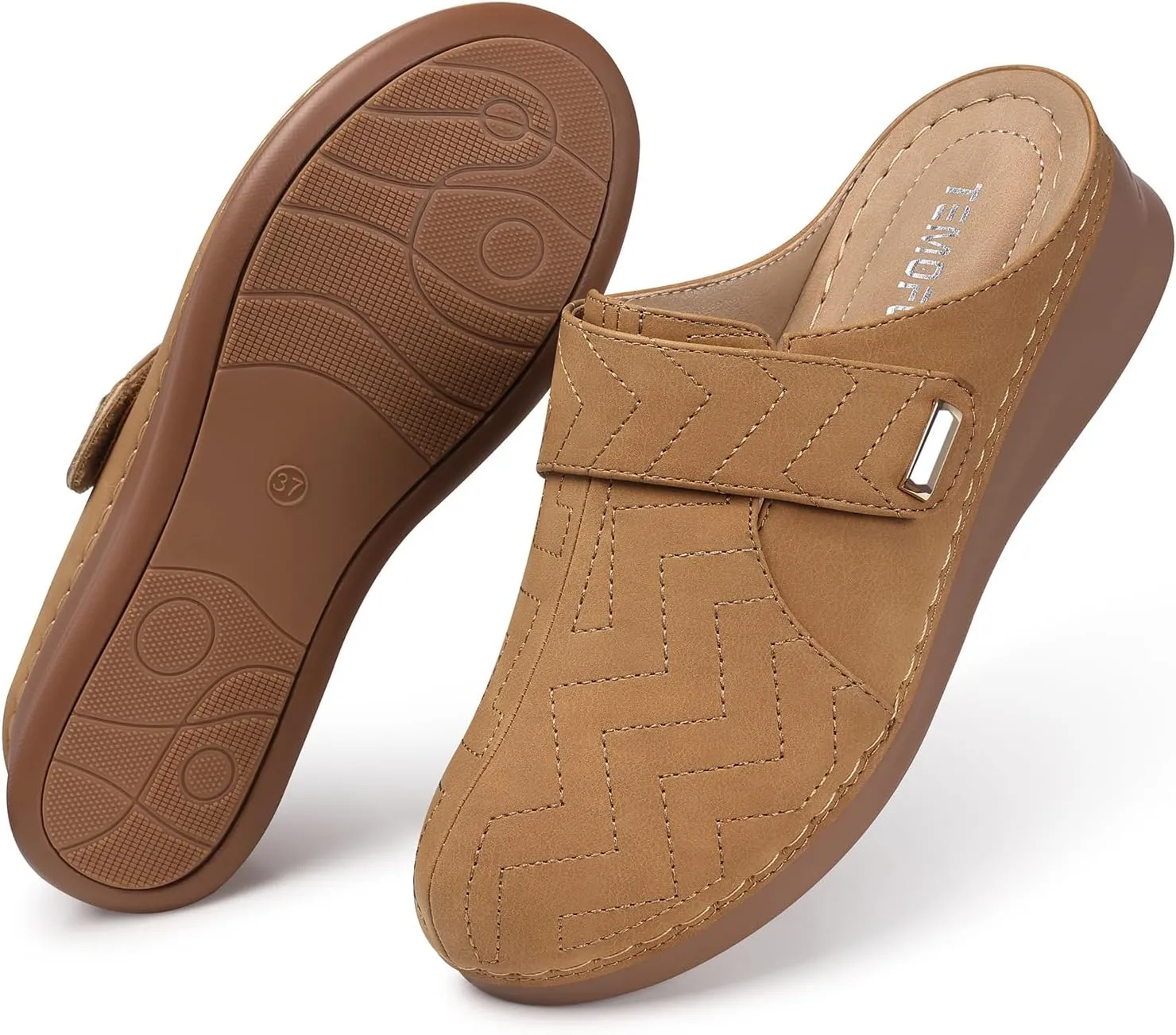 TEMOFON Mules for Women Slip on Sandals: Comfortable Clogs with Arch Support Leather Flats Closed Toe Sandals Shoes